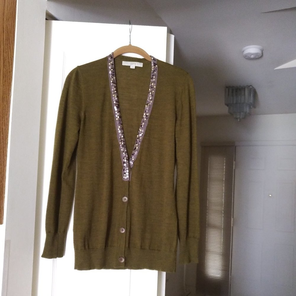 LOFT Olive Green Embellished Long Sleeve Cartigan Sweater - Small